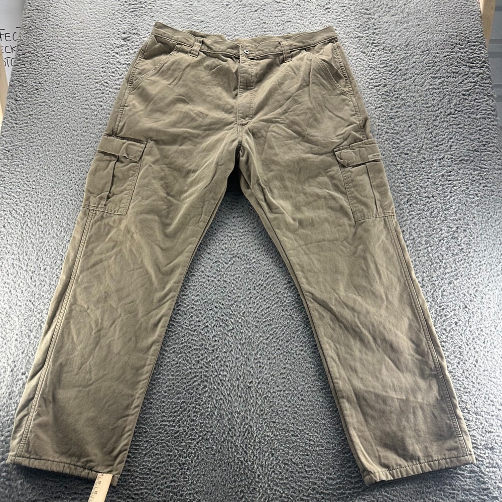 Wrangler Pant Mens 38x32 Brown Cotton Cargo Straight Baggy Fleece Lined Workwear